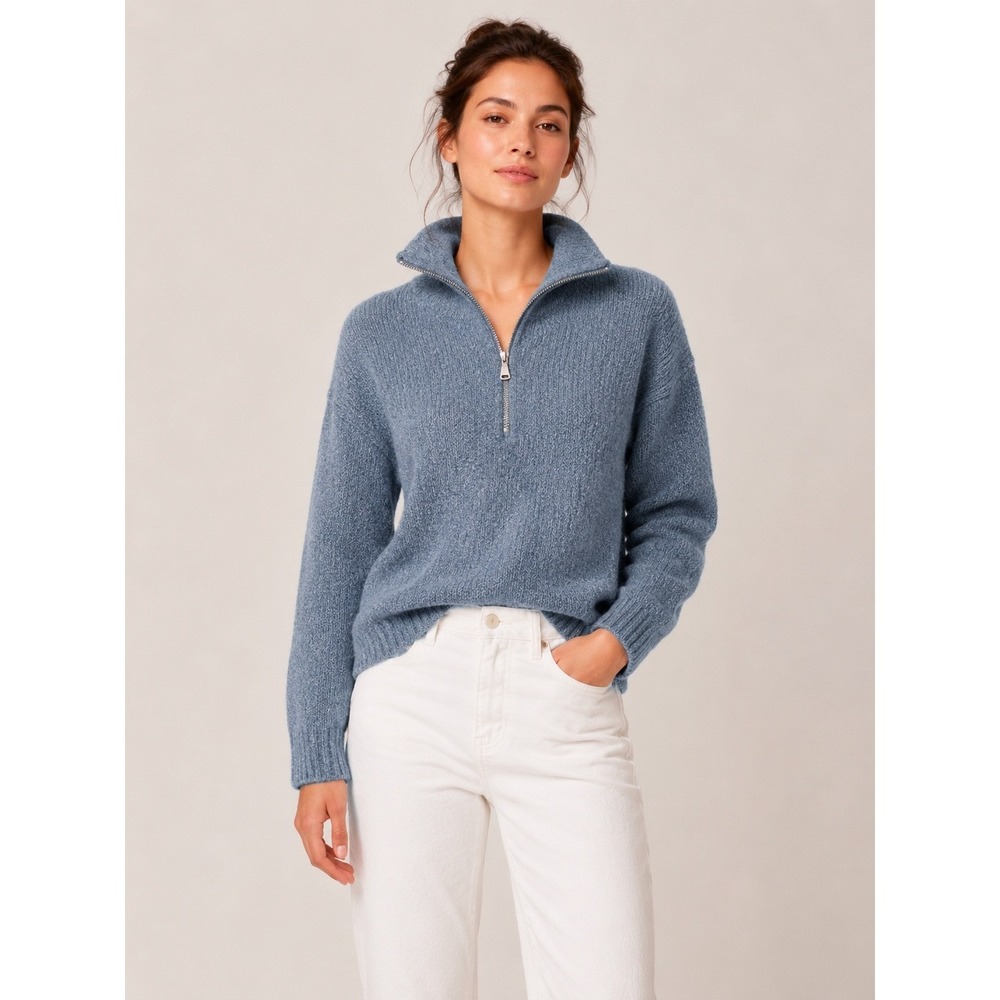 J.Crew Womens Half Zip Sweater XS Blue Merino Wool Alpaca Blend Pullover Preppy